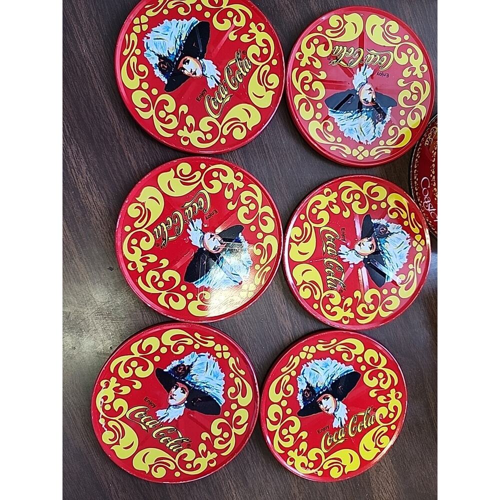 Coca Cola Collectable Vintage Coasters In Round Tin Set 6 Cork Backing W/ Box